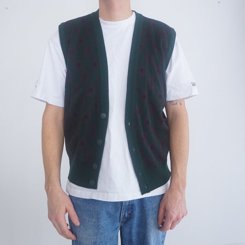 VTG '90S Cambridge Classics Green Maroon Argyle Eclectic Grandpa Sweater Vest L